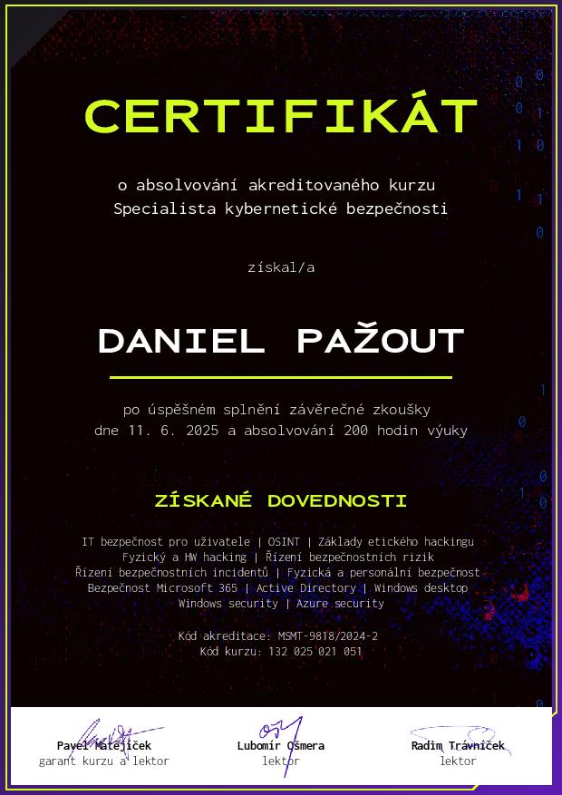 KK Certifikat Daniel Pazout CZ